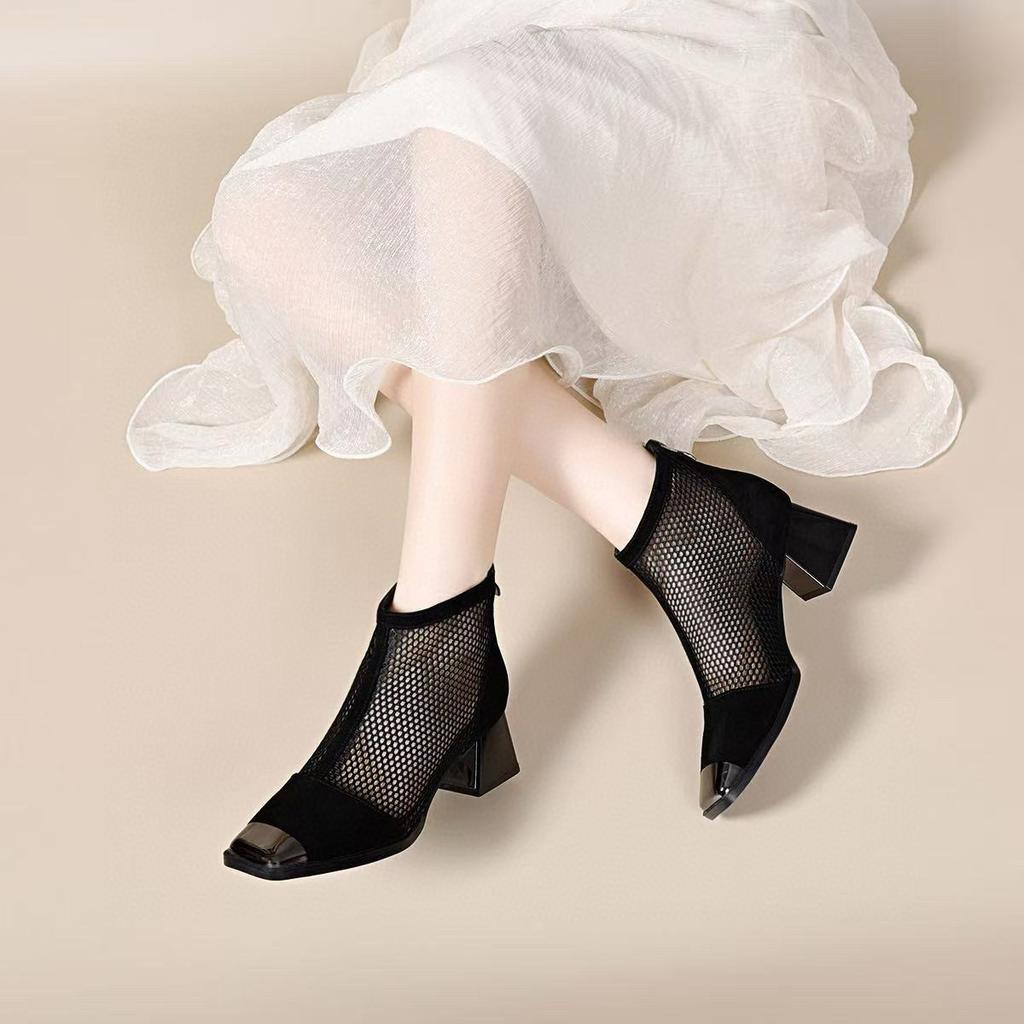 High-heeled Mesh Single Shoes Women's Spring New Iron Bag Head Square Head Thick Heel Net Boots Rear Zipper Cool Boots