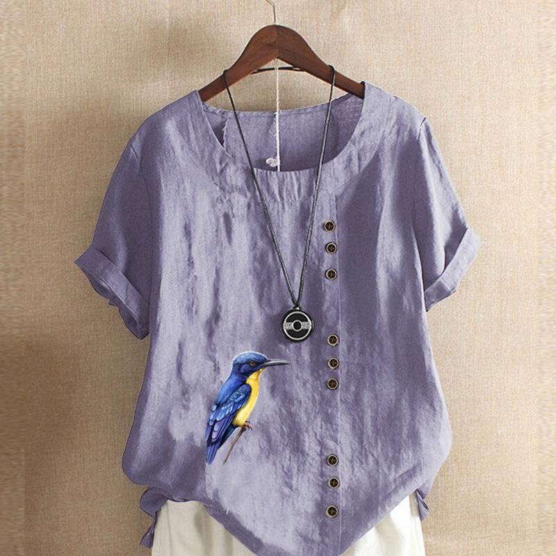 Women's Fashion Bird Prined Round Neck Short Sleeve T-shirt Casual Cotton Linen Graphic Shirt Leisure Loose Summer Blouse Tops
