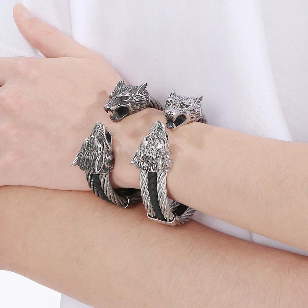 Готический эластичный двойной волчий череп открытый браслет-манжета для мужчин 12 мм витая цепочка сплошной из нержавеющей стали мужские браслеты