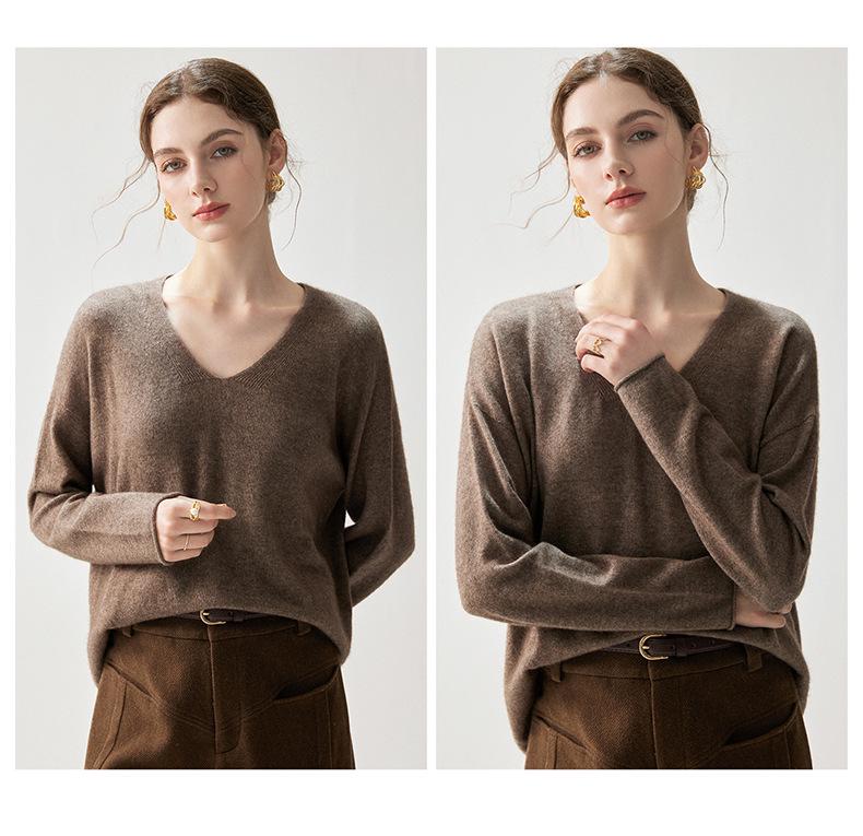 Autumn 2026 Women's Cashmere V-Neck Sweater – Elegant Solid Color, Rolled Hem, Loose Fit, Slimming, Warm Base Layer.