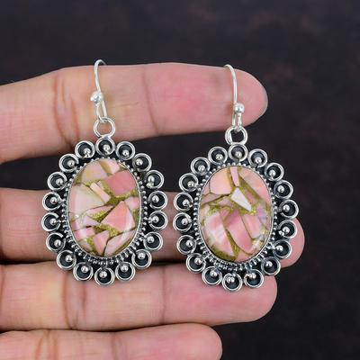 Серьги из медного розового опала, серьги из натурального драгоценного камня, серьги из стерлингового серебра 925 пробы, красивые висячие серьги, украшения ручной работы в стиле бохо, подарки для нее
