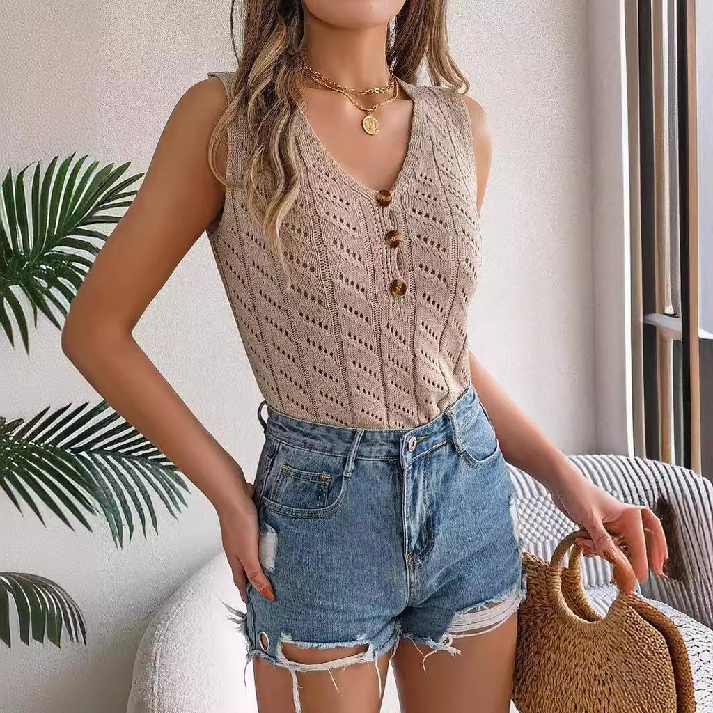 HNXC Summer Solid Color Button V-neck Cuffed Sleeveless Top Vacation Knitted Sweater Women's Wear