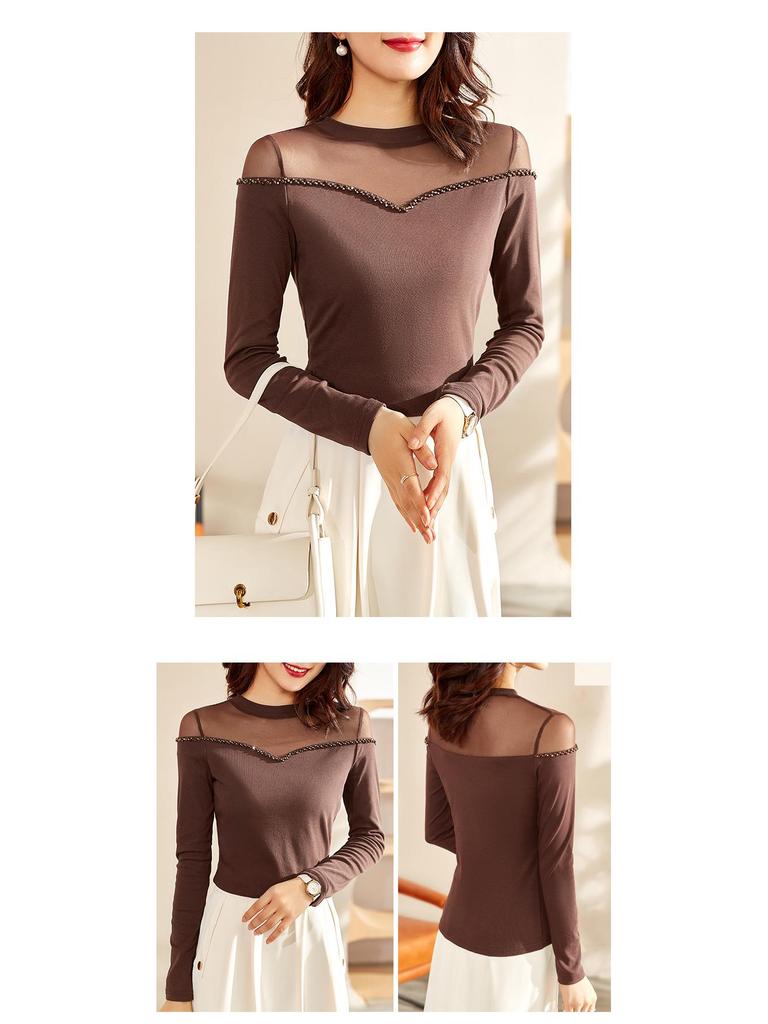 Women's Retro Beaded Black Mesh Long Sleeve Slimming Top - 2023 Spring/Autumn Collection