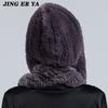 JINGERYA новая женская вязаная шапка с мехом кролика рекс, шарф с капюшоном, длинная зимняя теплая меховая шапка с шейным воротником, шарфы, шапка, шарф