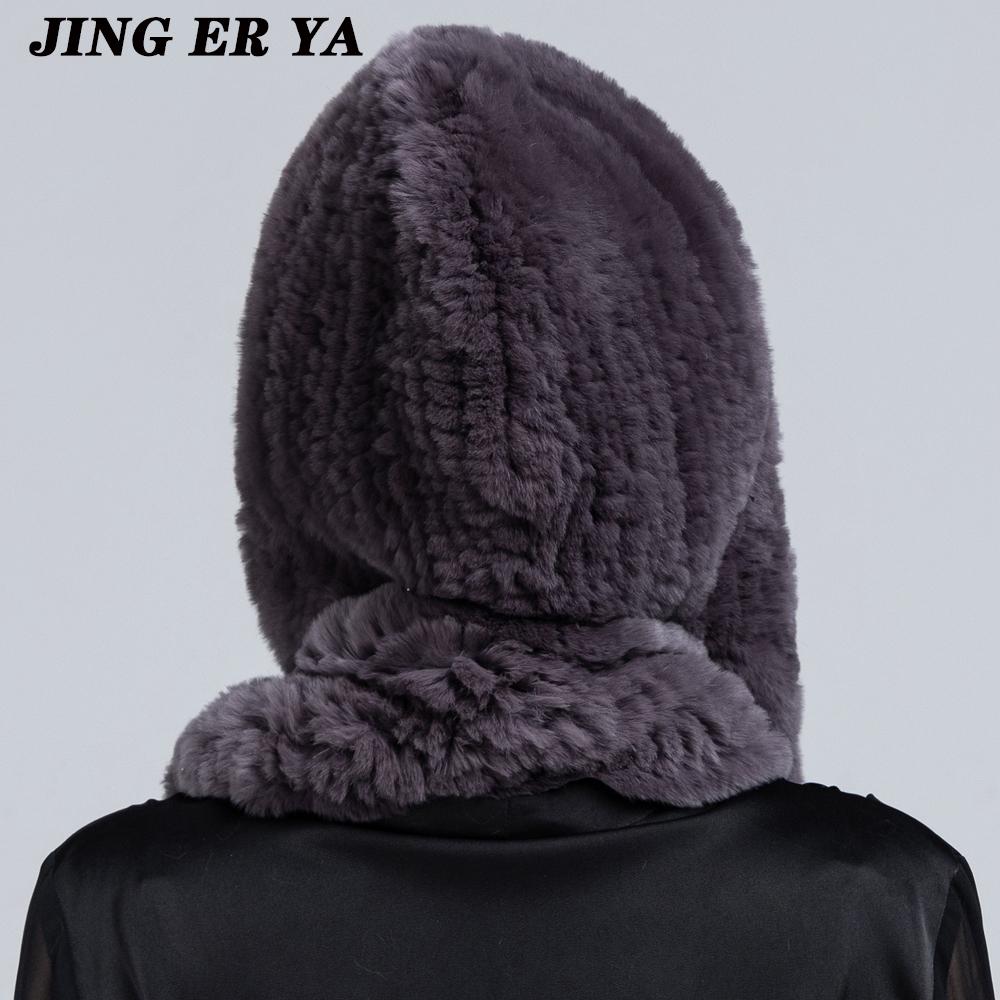 JINGERYA новая женская вязаная шапка с мехом кролика рекс, шарф с капюшоном, длинная зимняя теплая меховая шапка с шейным воротником, шарфы, шапка, шарф