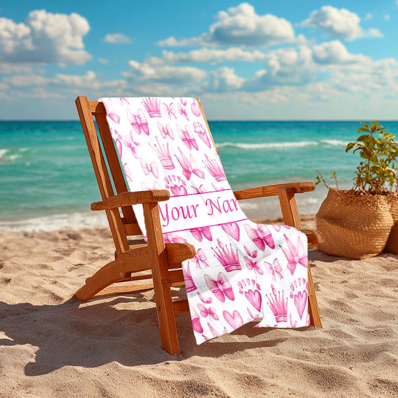 1PC Custom Name Pink Bow Crown Beach Towel Highly Absorbent And Sand-Resistant Towel for Swimming, Pool, Yoga, And Travel Lightweight