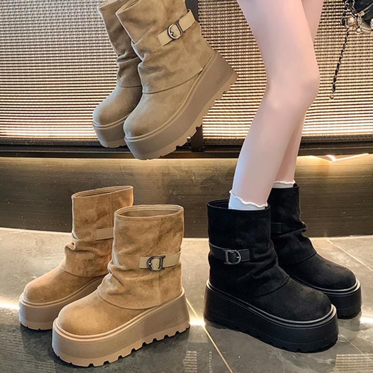 Мода 2025 Зимние Женские Теплые Снежные Ботинки из Короткого Плюша Повседневная Обувь Новые Замшевые Меховые Ботильоны Челси На Плоской Подошве Платформа Женская Обувь Ботас