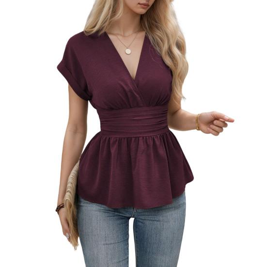 Женские топы с V-образным вырезом, реглан, короткий рукав, рубашка, плиссированный край, однотонные, облегающие талию, топы обычного кроя, повседневная одежда