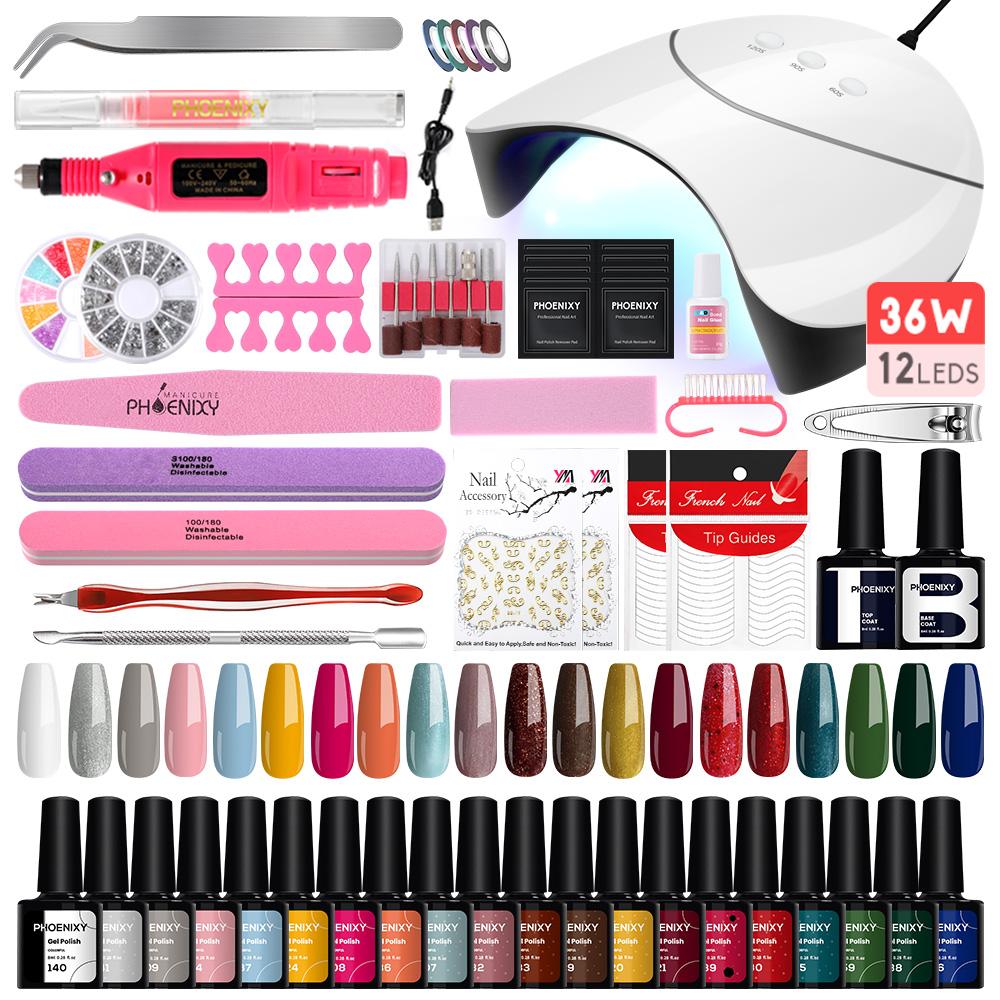 Набор для ногтей PHOENIXY с лампой для ногтей, дрель для ногтей, маникюрный набор, набор инструментов для дизайна ногтей, набор гелей для лака для ногтей