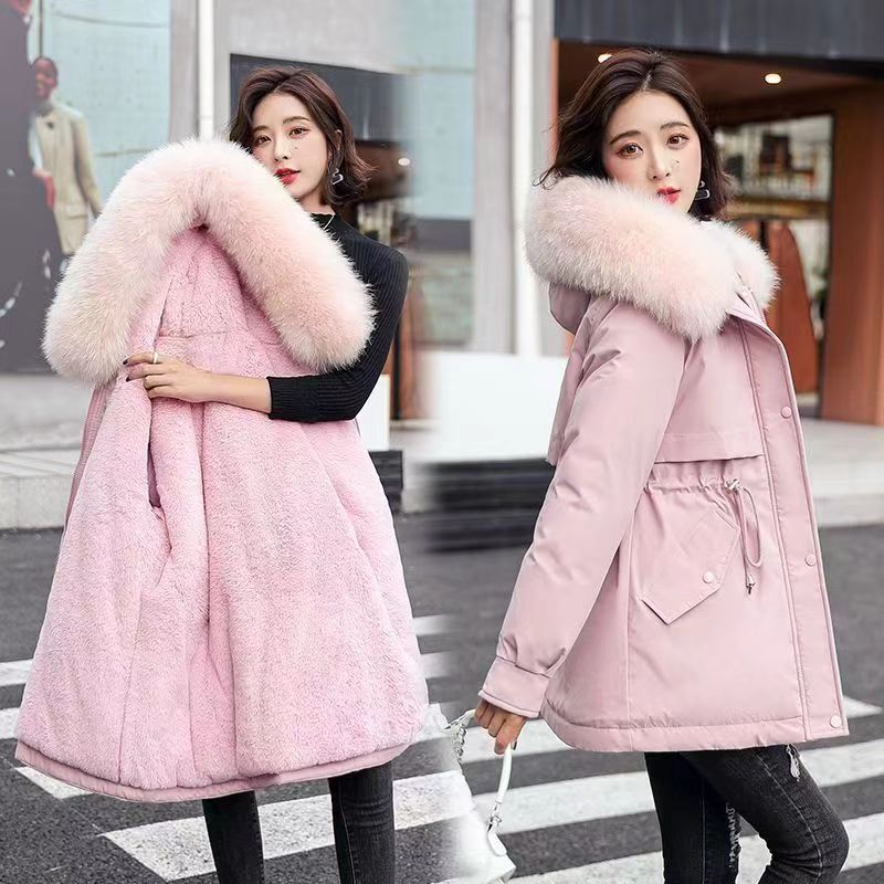 Big fur collar pie overcomes women's thickening in winter, medium and long waist and thin tooling cotton clothes, windproof and warm cotton clothes