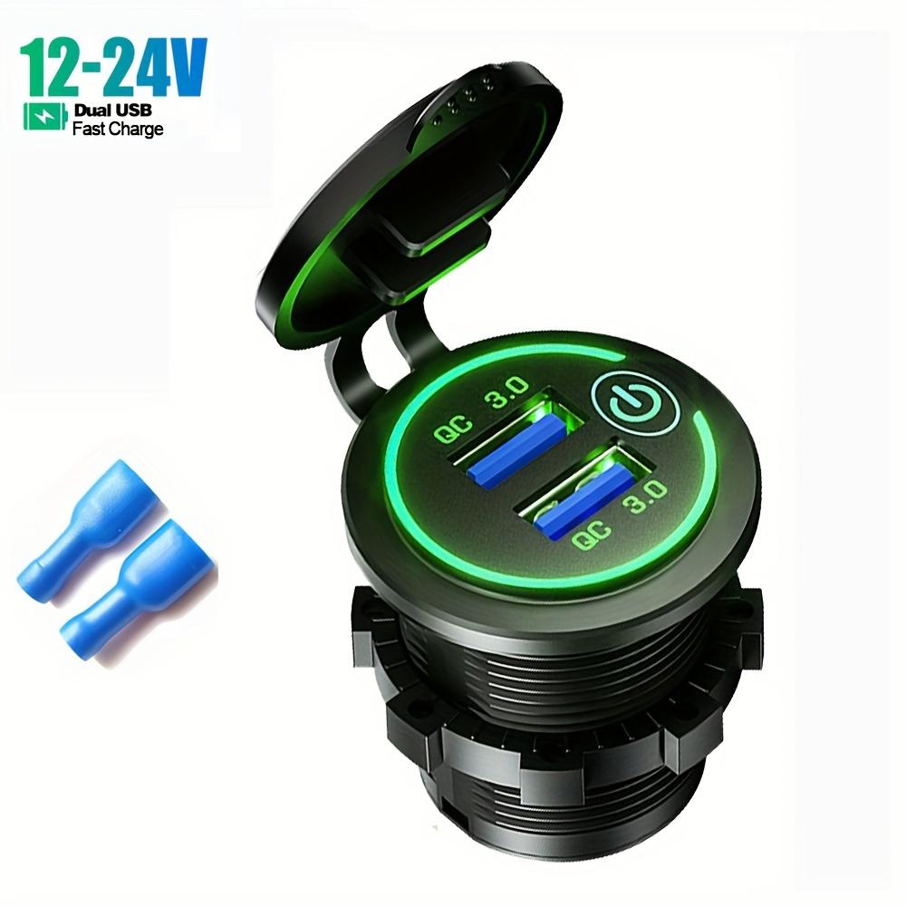 QC3.0 Dual USB Car Charger Socket 4X Fast Charging IP66 Waterproof with LED Touch Switch and Dust Cover for Car Boat Motorcycle 12V-24V