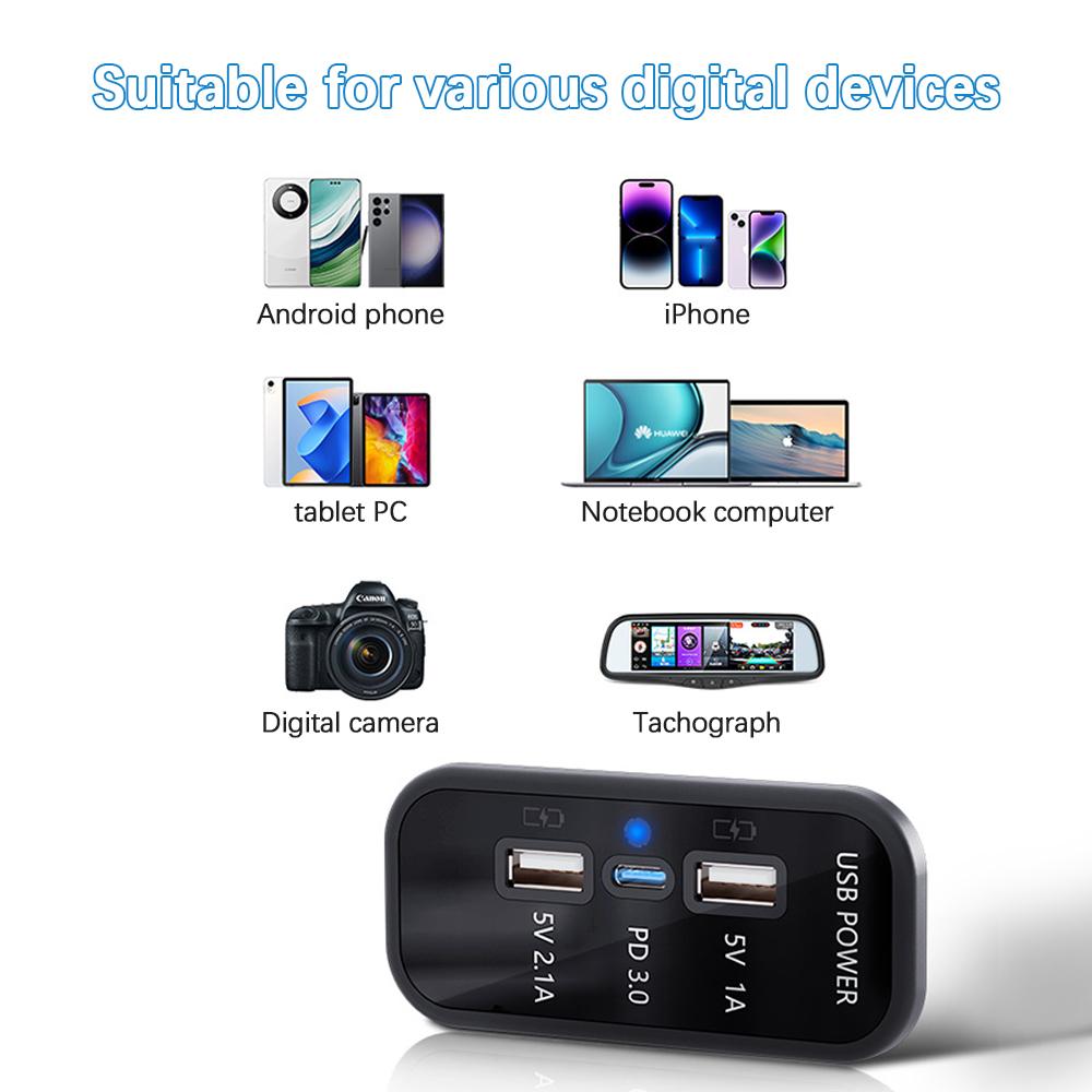 Dual USB Charger Outlet Quick Charge Panel Wall Mount 3 Port USB Charger Socket Car Charge Adapter 12/24V