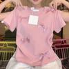 Youthful Woman Summer Outfit Casual Knitted Short-Sleeved Top Solid Color Bow Sweet Slim Fit Fashionable Tee