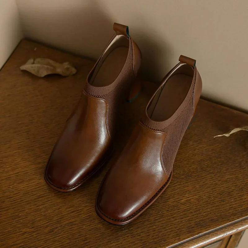 New Women Retro Naked Boots,Stretch Knitted Autumn Shoes,Slip on,Square High Heels Ankle Botas,Black,Brown.Dropship