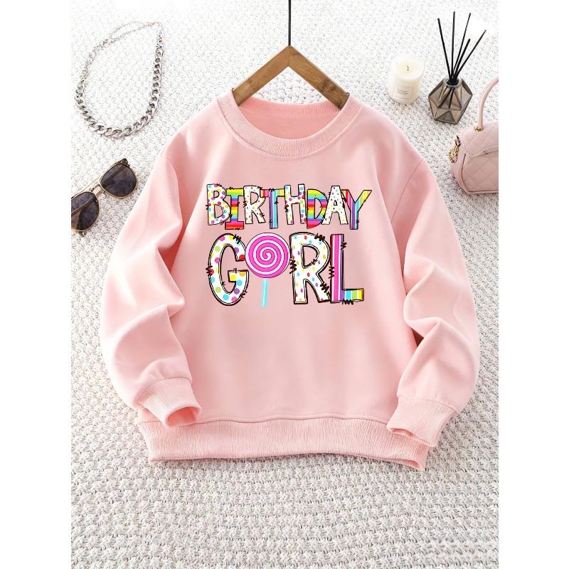 Женский свитшот с круглым вырезом | Яркие буквы BIRTHDAY GIRL с узором из конфет, Длинный рукав, Повседневный стиль
