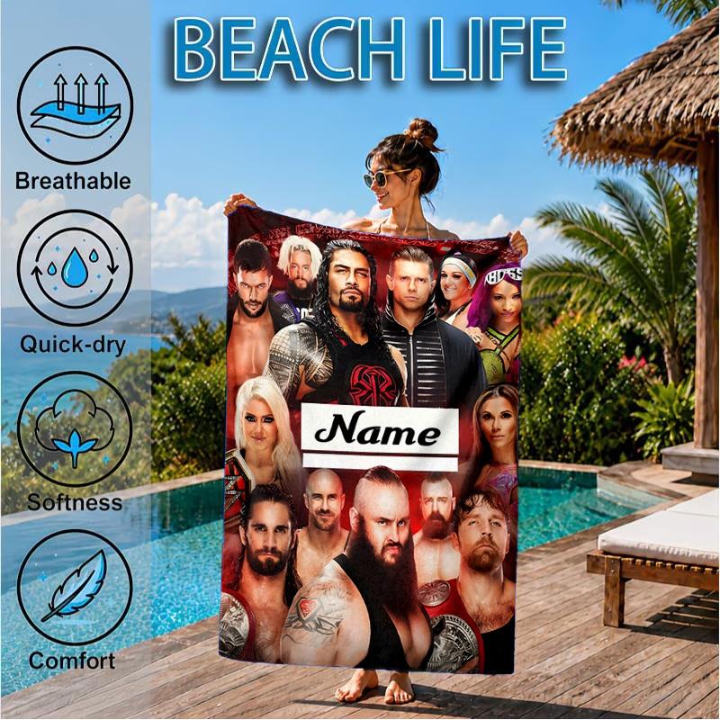 Custom Name wrestling Superstars Collage Beach Towel Microfiber Beach Towel, Lightweight and Quick-Dry, for Summer Travel, Swimming Pool Gift