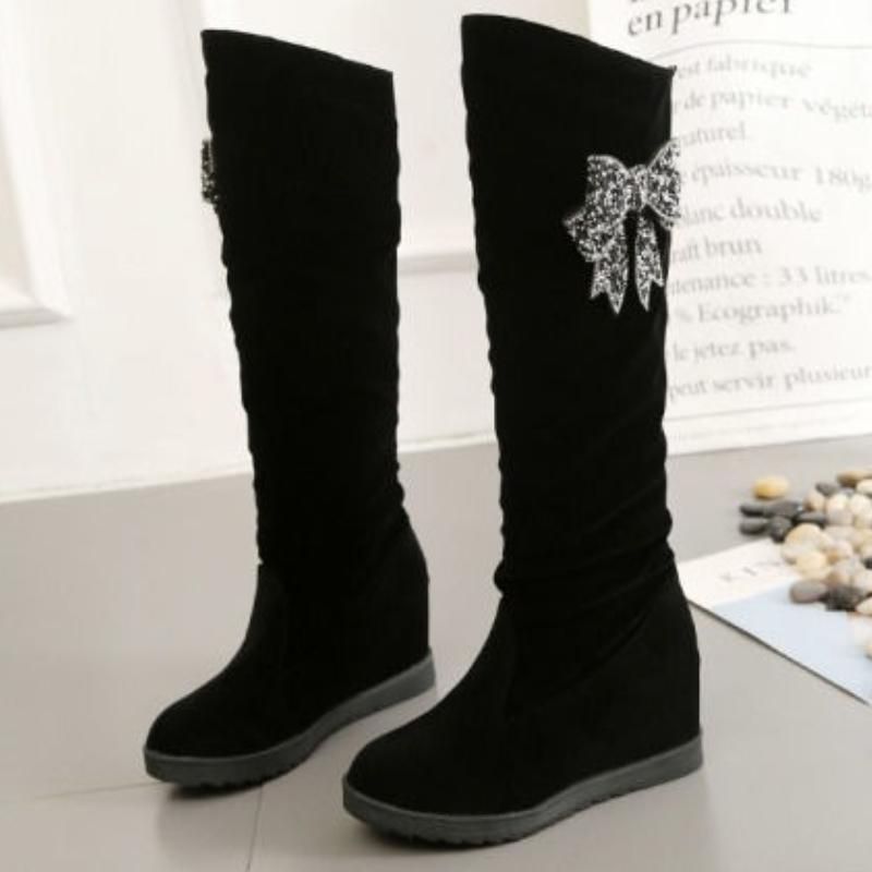 Модные черные ботильоны на каблуке с бантом и стразами для женщин, осенне-зимние полусапоги до середины икры, женская обувь 2025, готическая обувь, гару, распродажа