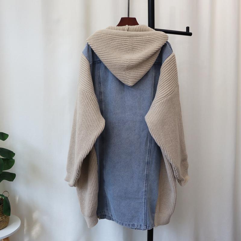 Худи длинная джинсовая вставка свитер куртка осень и зима новый дизайн утолщенный свободный вязаный кардиган женский