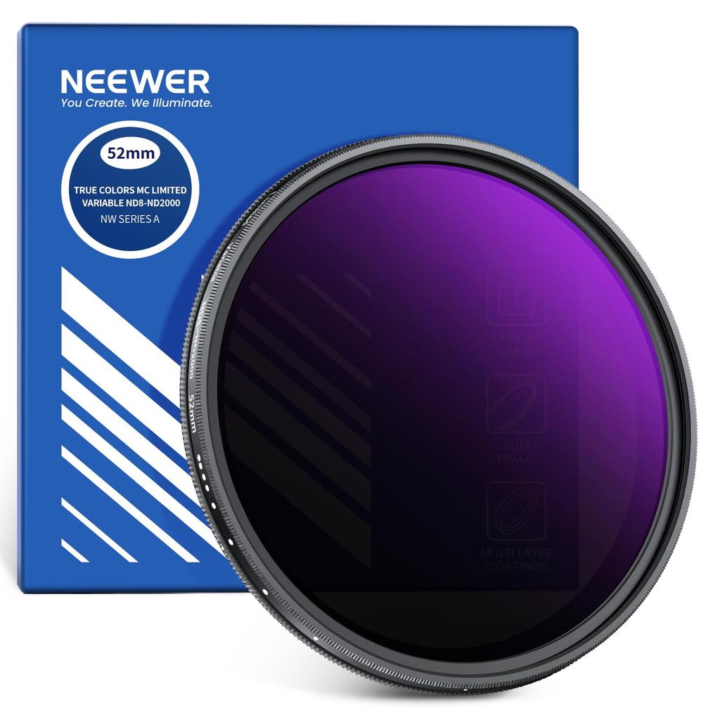 NEEWER 52mm Variable ND True Color Hard Stops Neutral Density Filter for Optical Frame Filter, & Stops, 3-11 Adjustable, ND8-2000 Filter,