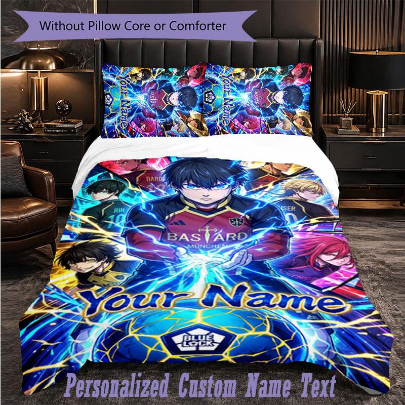 Personalized 3Pcs Bedding SetBlue Lock Custom Text Duvet Cover Pillowcase Set Bedroom Gift