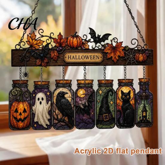 Acrylic Window Hanging Ornaments Halloween Suncatcher, Stained Glass Style Pumpkin Ghost Potion Bottles Waterproof Sign Decor, Gothic Sun Catcher