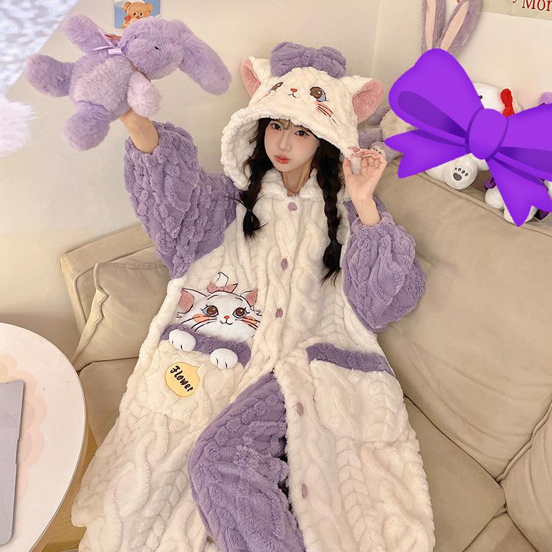 Осень и Зима Новая Милая Ночная Сорочка с Капюшоном Маленький Бобер Коралловый Флис Пижама Женский Зимний Женский Пижамный Комплект