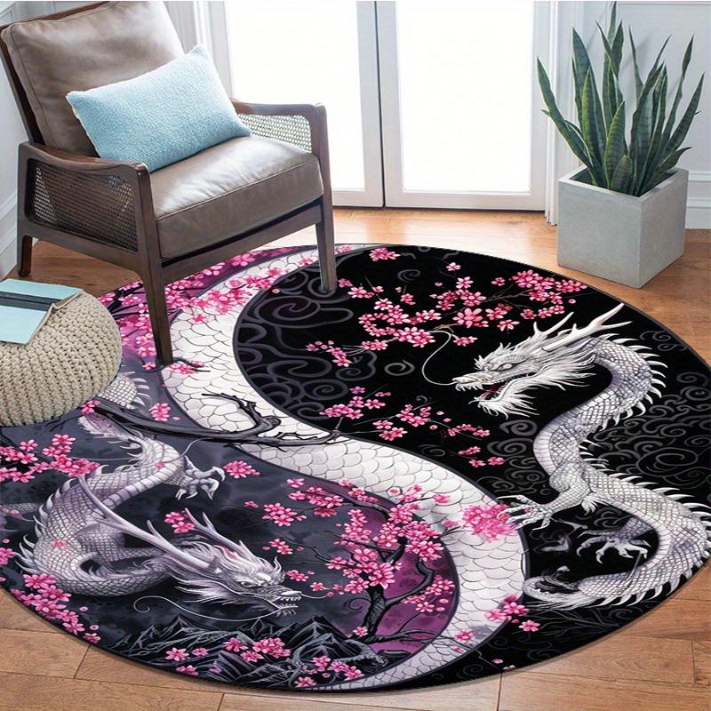 Sakura and Dragon Design Round Carpet,800g/m² Crystal Velvet Polyester,Non-Slip Decorative Area Rug for Bedroom,Living Room,Gaming Room-Poly