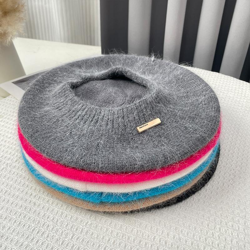 Rabbit Hair Beret Hat for Women Autumn Winter Korean Gray Painter Hats Retro Iron Logo Yarn Bud Caps