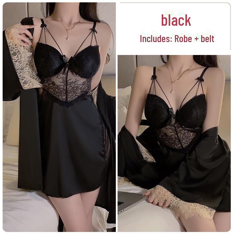 Пижамный комплект Guiruo Plus Size с нагрудными накладками и поддерживающими ремнями - Включает ночную рубашку и уютный халат