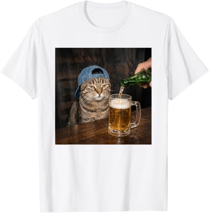 Funny Cat Drinking Beer Hat Graphic Unimpressed Tabby T-Shirt