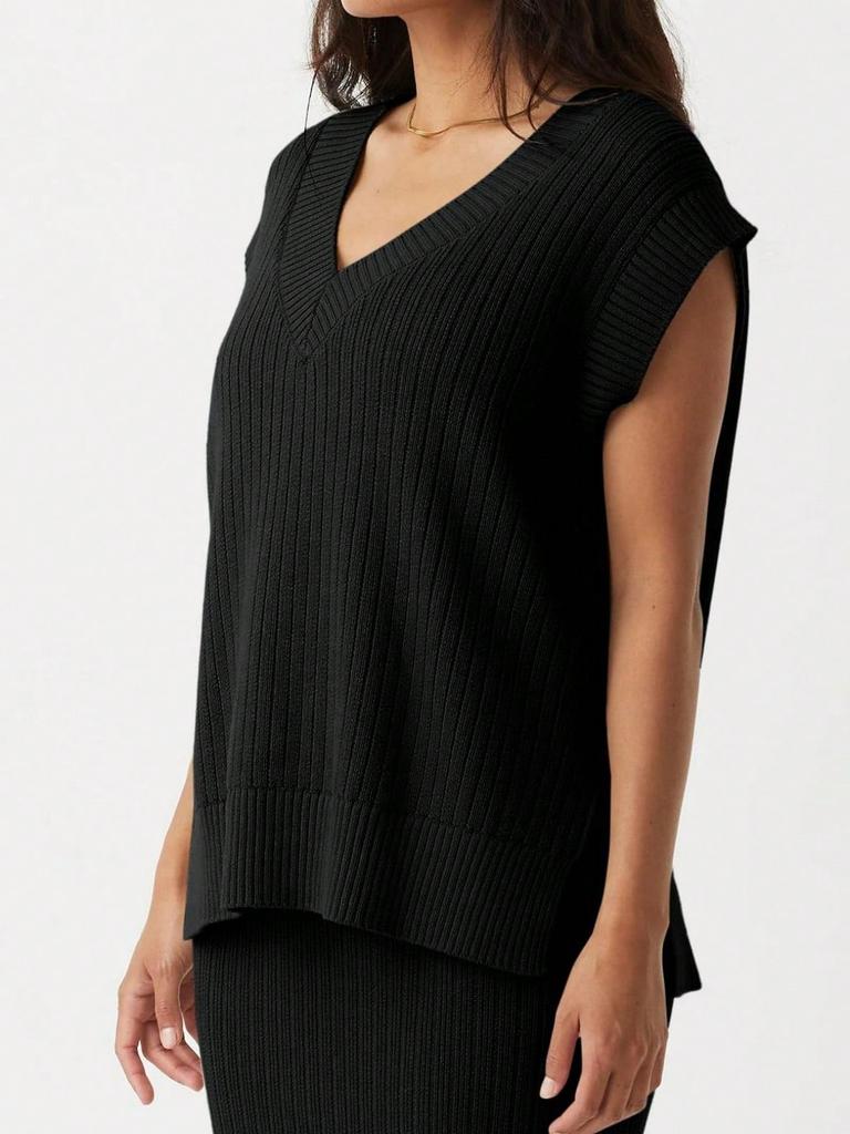 Women's Oversized V Neck Sweater Vest Sleeveless Ribbed Knit Loose Fit Top