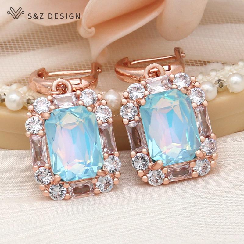 Fashion Rectangle Crystal Drop Earrings For Women Rose Gold Color Wedding Jewelry Cubic Zirconia Eardrop