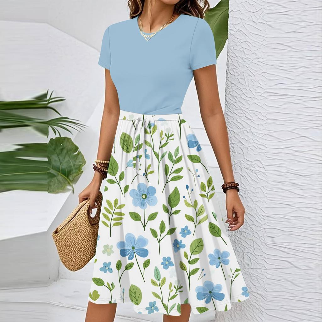 Women's Casual Fashion Belted Floral Printed Short Sleeve Round Neck Elegant Flowing Dress