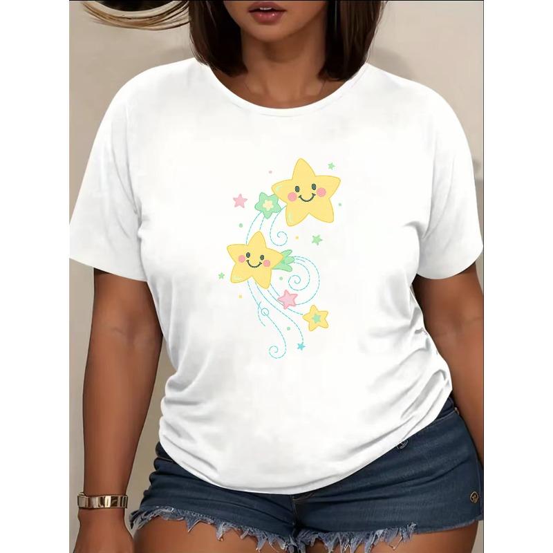 Women'S "Flying Smiling Face Stars" Print Short Sleeve T-shirt | Fashionable Casual Style, Soft and Breathable, Medium Elasticity, Machine Washable,
