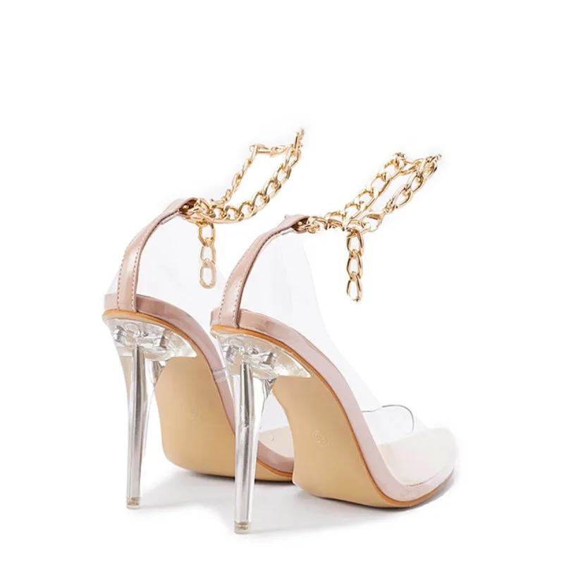 Летние новые женские модные босоножки на высоком каблуке с металлической цепочкой, прозрачные босоножки из искусственной кожи, сексуальные женские туфли с острым носком на высоком каблуке Zapatos De Mujer