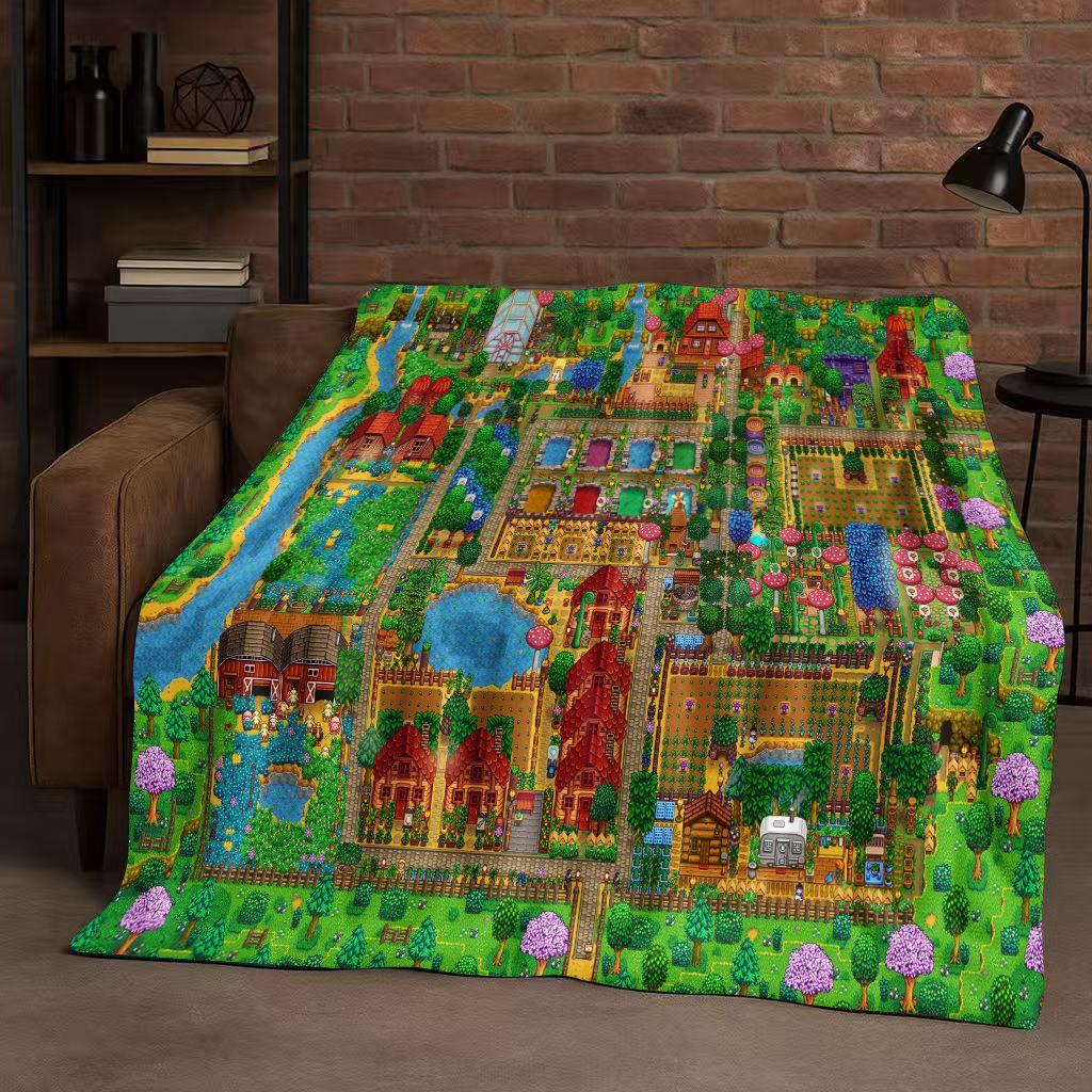 Retro Stardew Valley Farm Map Pixel Game Flannel Blanket,Ultra Soft Warm Plush Throw for Home Bedroom Bed Sofa Cover Kids Gift
