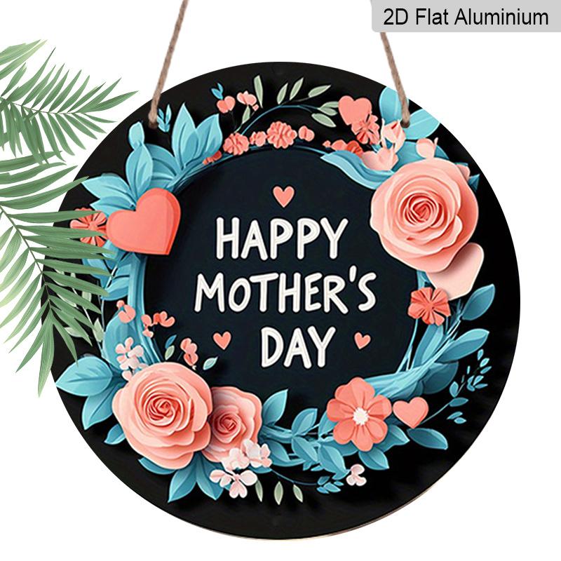 2D Flat, 1pc Vintage Mother's Day Round Aluminum Wall Sign - Pink Roses & Turquoise Floral Wreath with Happy Mother's Day Text, Heart Cutouts