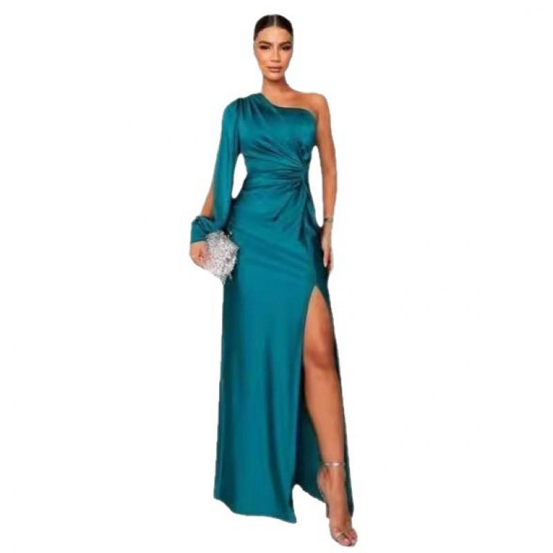 2026 Womens Slash Neck Raglan Sleeve Pleated Fitted Slit Sexy Long Dress