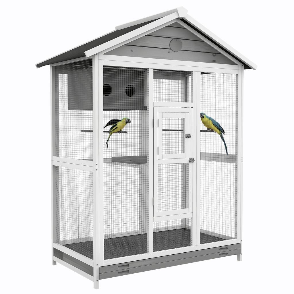 Wooden Birdcage with 4 Perches, Asphalt Roof, Waterproof, 112 x 68 x 154 cm