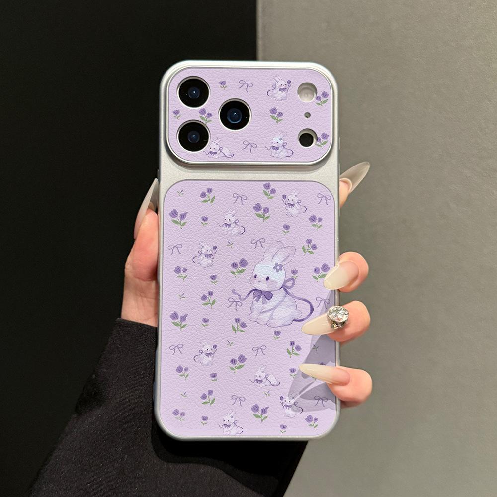 Цветок фиолетового кролика подходит для чехла для мобильного телефона Apple 17promax iPhone16plus серебристый край 15 кожаный узор 14.