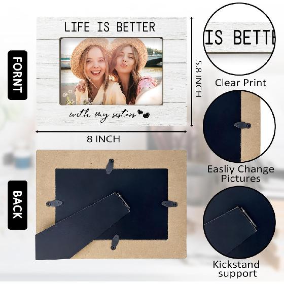 Sister Girls Gifts 4x6 Picture Frame, Best Friend for Sister Female Photo Frame, Long Distance Friendship Gifts, Companionship Wooden Picture Frames