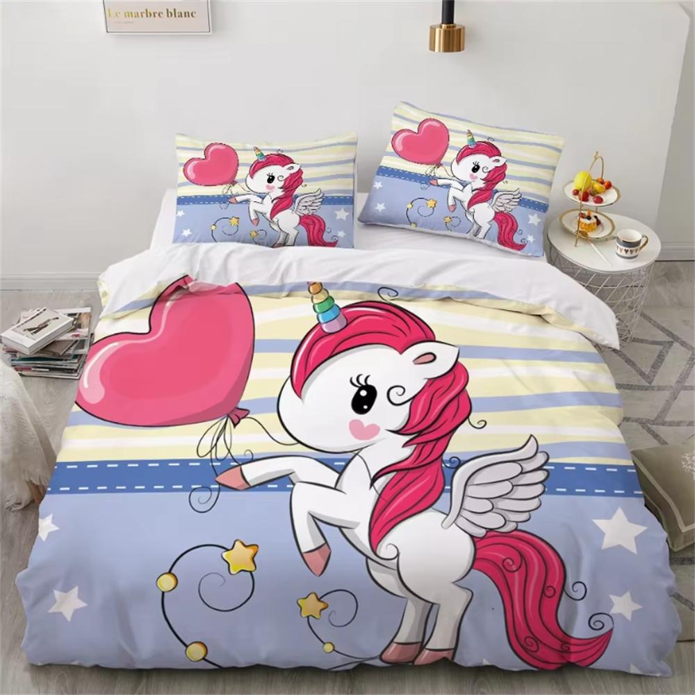 Children Bedding Sets Gifts Unicorn and Colorful Horse Printing Duvet Cover Sets for Kids Girls Boys 2/3 Pcs Single Pink Quilts