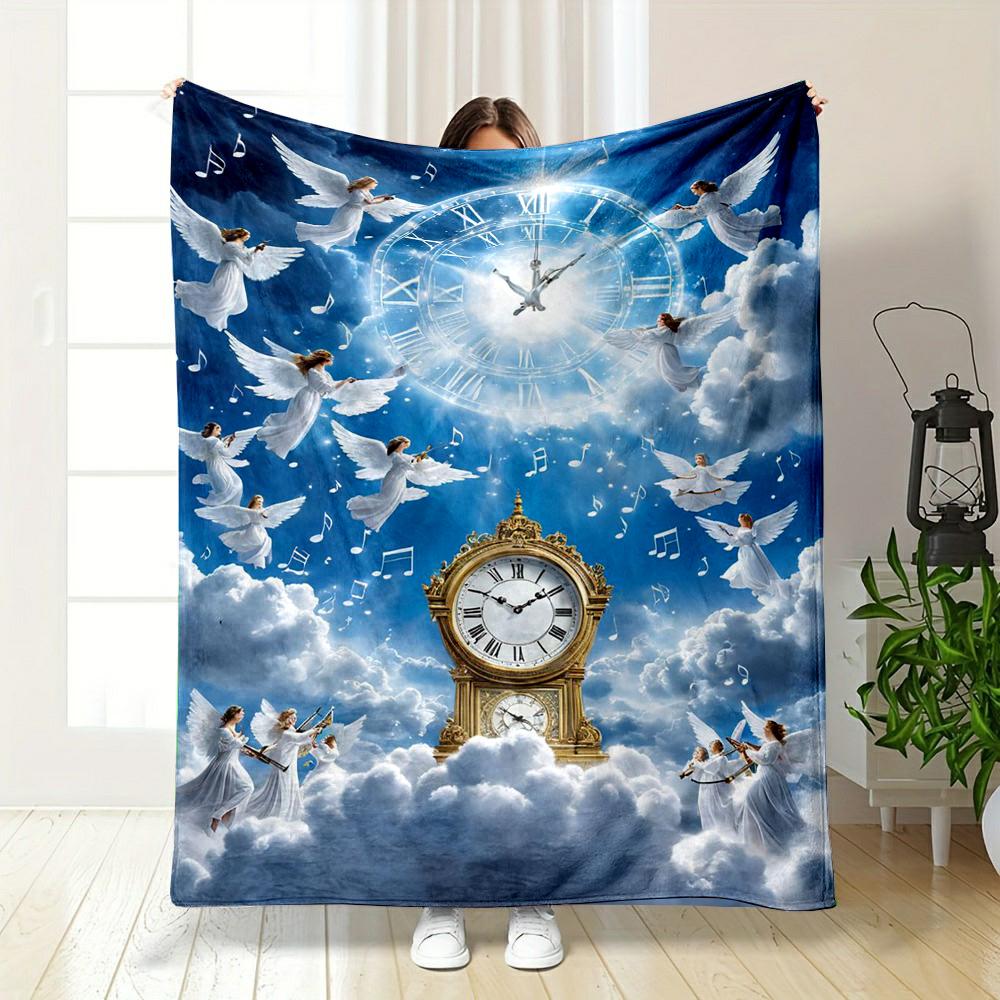 "Angels and Golden Clock in Sky Scene" Patterned flannel blanket perfect for the bedroom living room, sofa, or a little nap