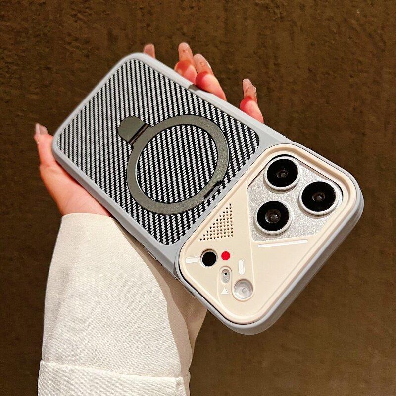 Applicable iPhone Carbon fiber grain fulcrum bracket Mobile phone case Apple 16 matte skin protective cover