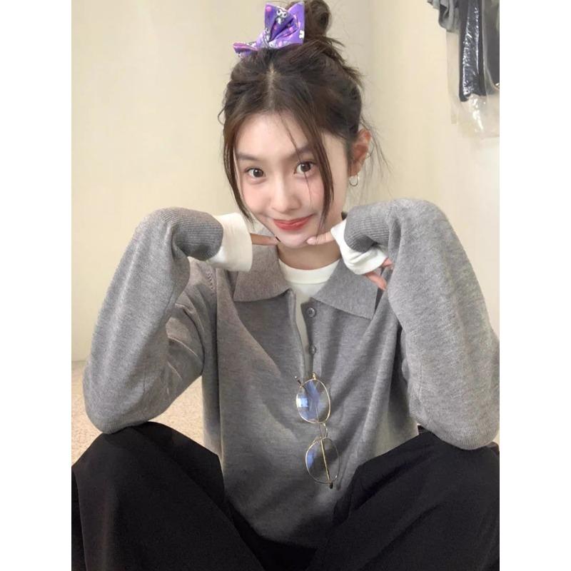 College Style Gray Polo Neck Sweater Women's Spring and Autumn New Loose and Thin Versatile Long-sleeved Knitted Sweater Top