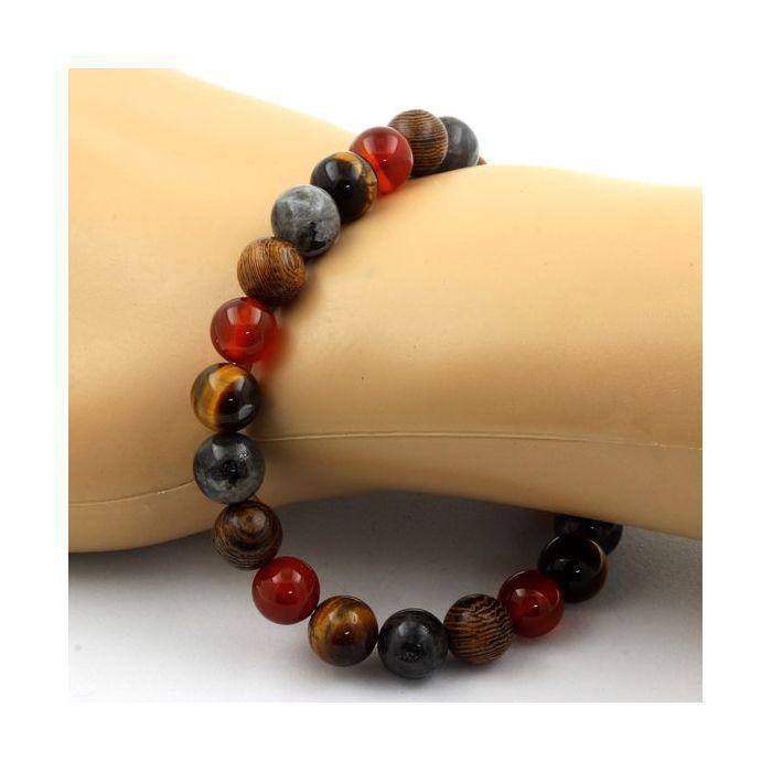 Pierres et Minéraux. Bracelet Perles Oeil de Tigre + Labradorite + Agate rouge + bois 8 Fabriqué en France.