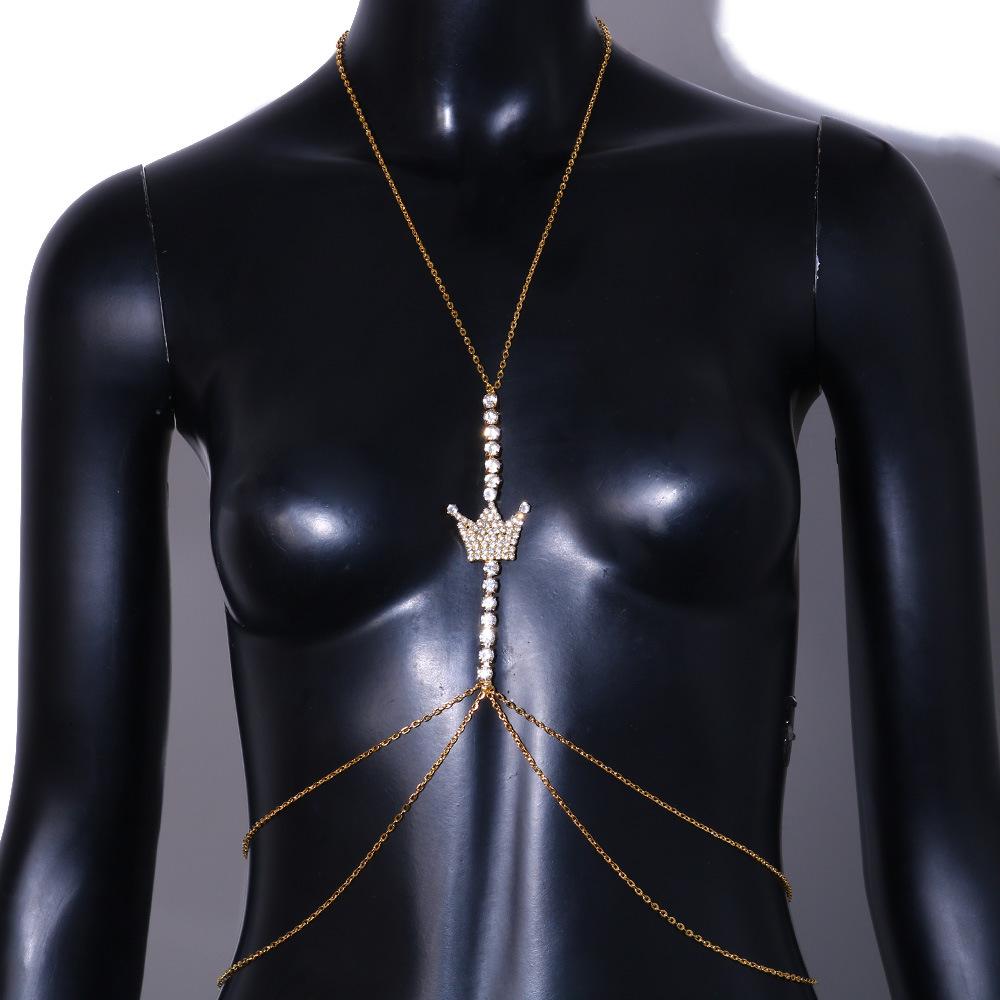 Sexy Women One Piece Sexy Rhinestone Bikini Body Chain Glitter Bling Iced Out CZ Zircon Crown Bra Chain Body Jewelry