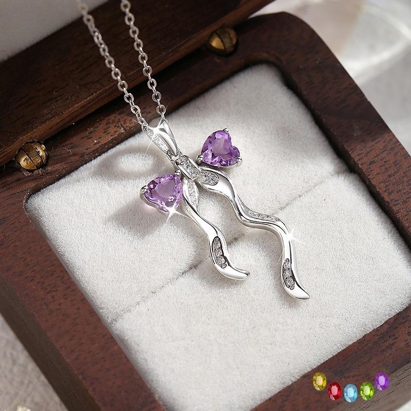 925 Sterling Silver Butterfly Pendant Necklace for Women, Natural Amethyst/Topaz Crystal Necklace, INS Style Dainty Jewelry Gift