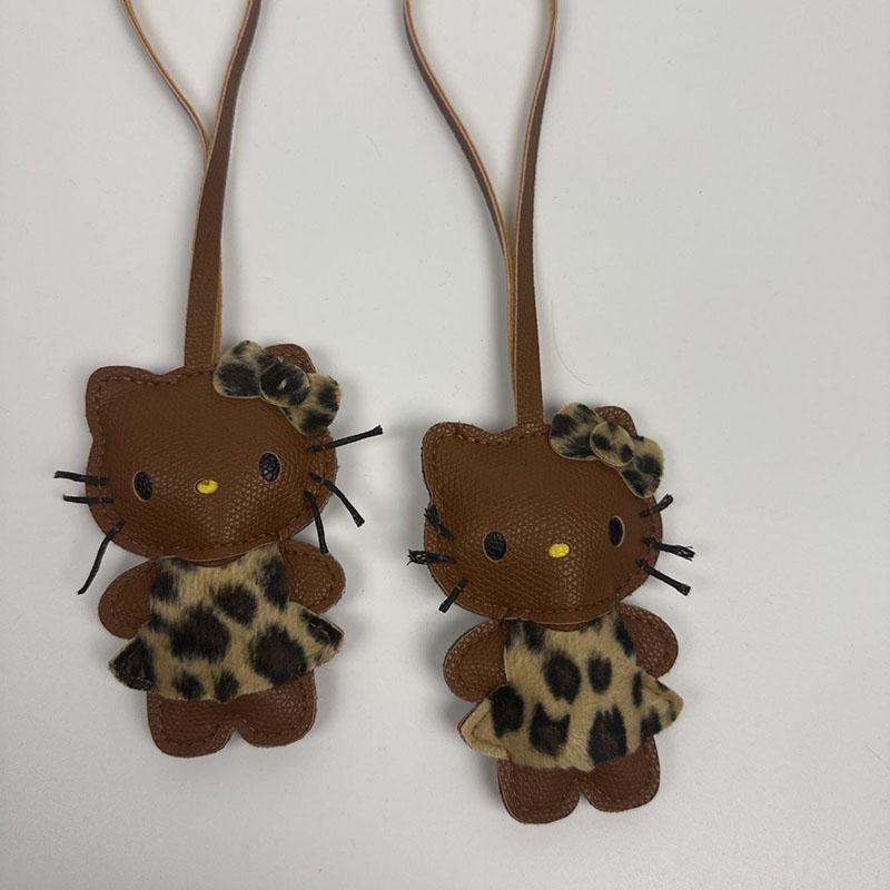Leopard Print Hello Kitty Keychain Faux Leather Bag Pendant Cute Cartoon Car Rearview Mirror Ornament Accessories Fans Girl Gift