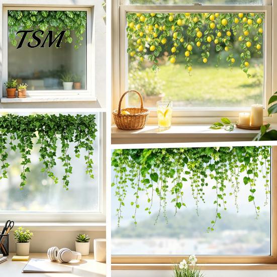 Reusable Glass Covering Green Vine Static Window Clings, Artificial Ivy Lemon Stickers, Botanical Pattern No?Glue PVC Transparent Decals for